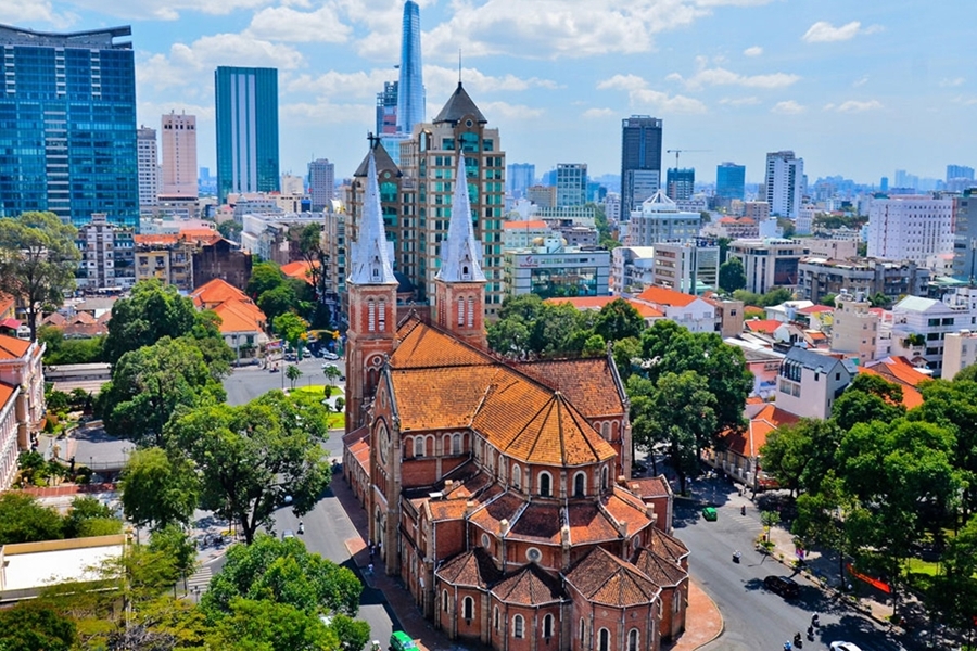 Central Catheral of Ho Chi Minh City from sky view